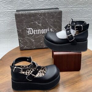 Demonia Sprite-02 Black Vegan Leather Platform Mary Janes Heart Buckle Size 6